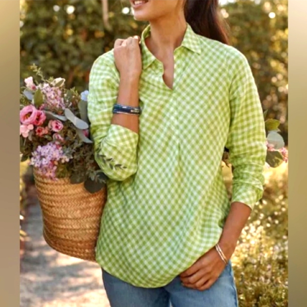 J.Jill Love Linen Small Pullover Top Collared V-Neck Check Green Gingham Preppy